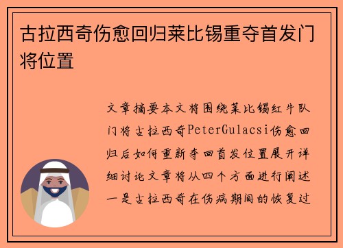 古拉西奇伤愈回归莱比锡重夺首发门将位置 古拉西奇伤愈回归莱比锡重夺首发门将位置